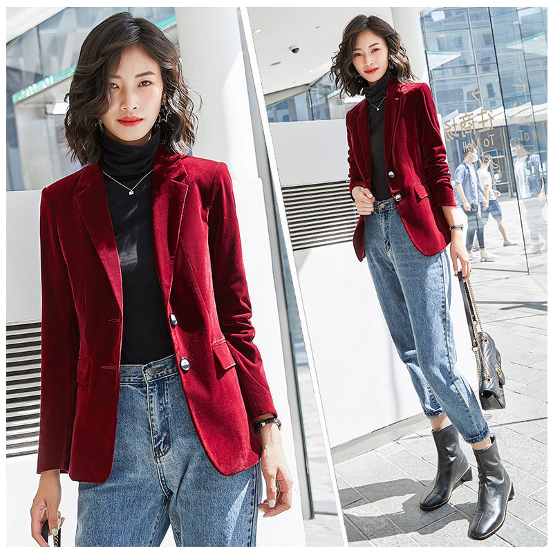Women's Suits Blazers PEONFLY Spring Autumn Suit Coat Women Fashion Slim Velvet Long-sleeved Suit Jacket Female Casual Blazer 230320