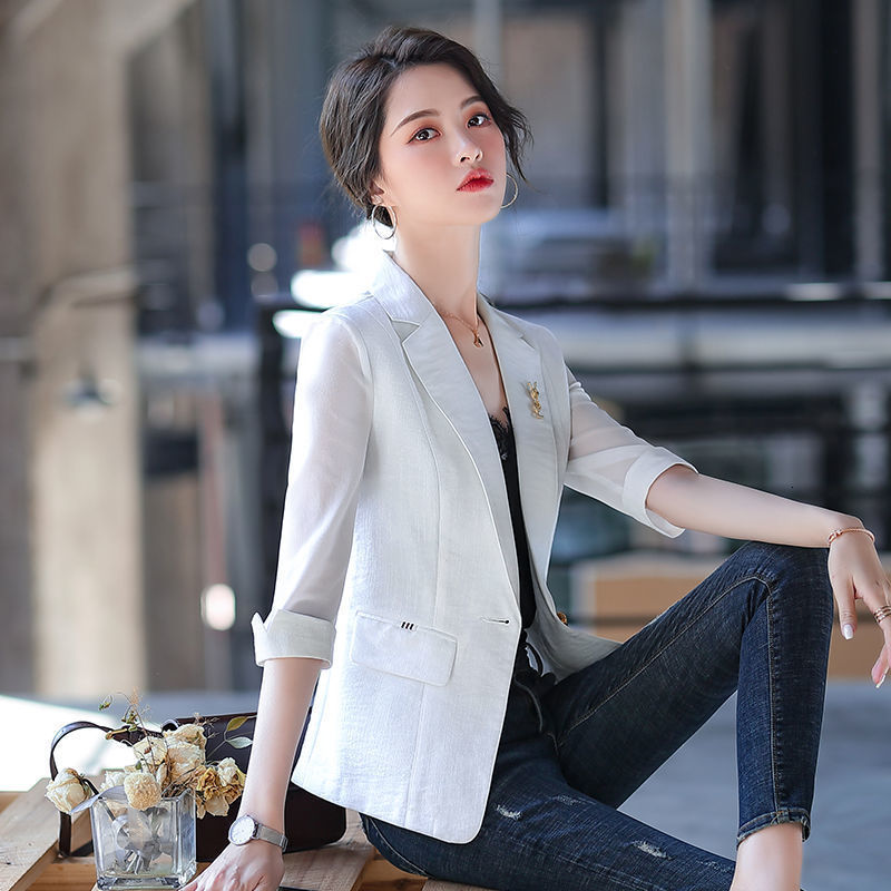 Women's Suits Blazers Thin Spring Summer Office Lady Fashion Notched Business Casual Pocket Solid Skinny Simple Three Quarter Sleeve Women's