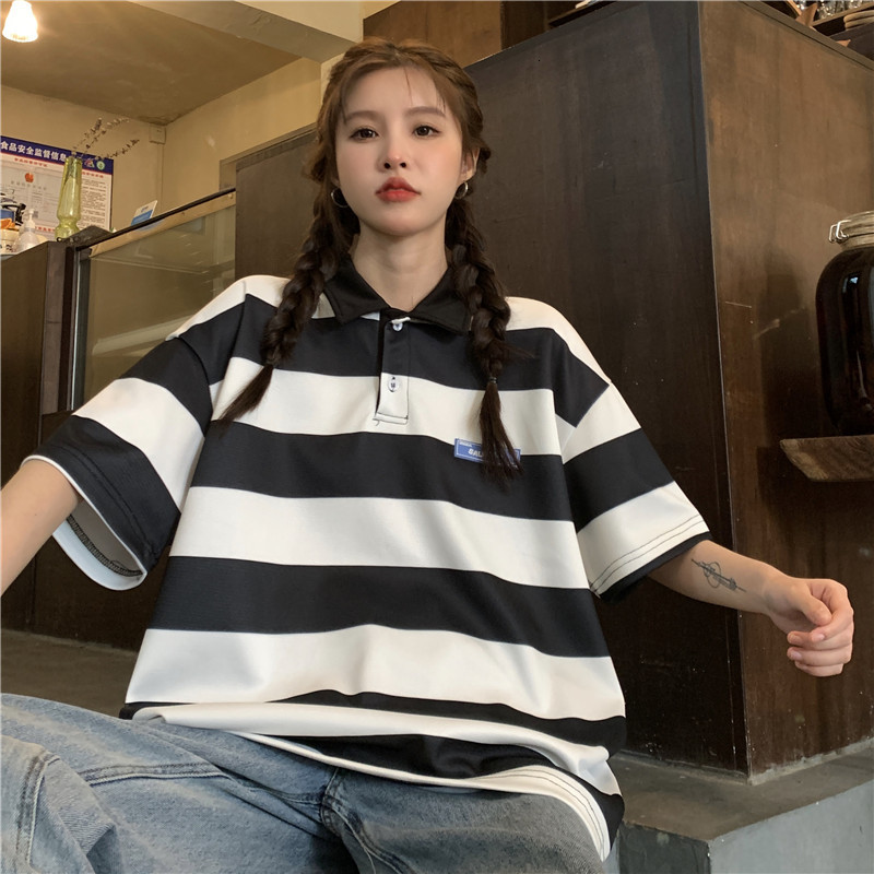 Women's T-Shirt Striped Polo Shirt Blue Short-Sleeved t-Shirt Women Summer Vintage Top Harajuku Aesthetic Student Clothes Oversized Striped Topo 