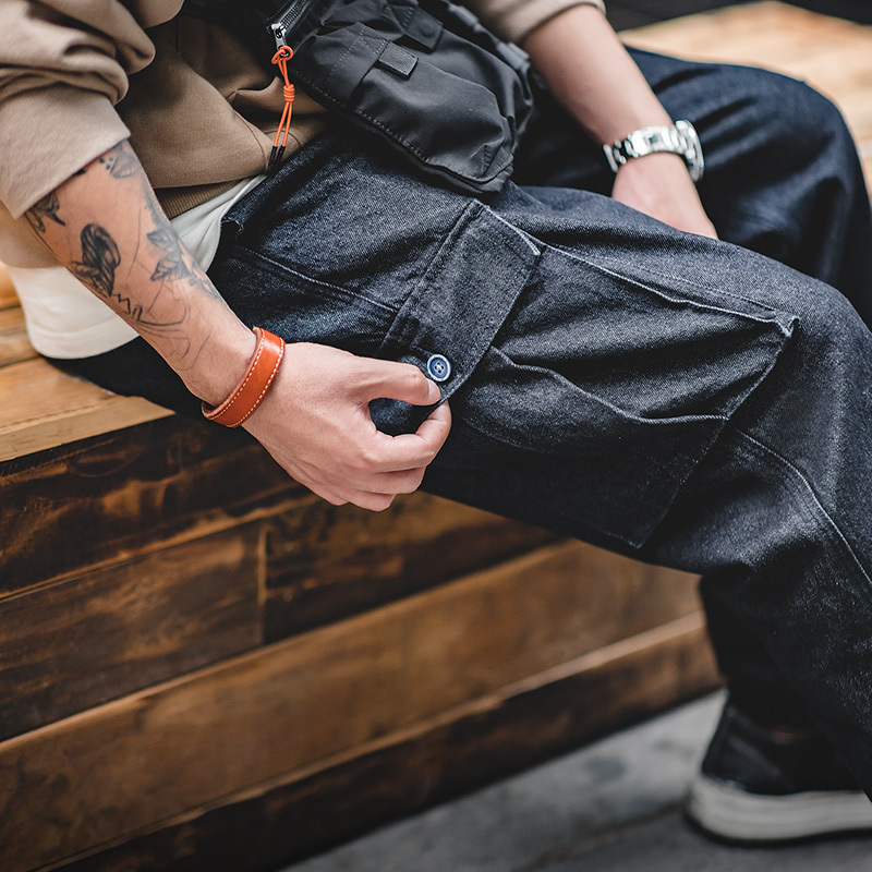 Men's Jeans Maden Retro Baggy Big Pocket Twill Denim Washed Straight Loose Cargo Pants Hip Hop Streetwear Men Casual Trousers 230320