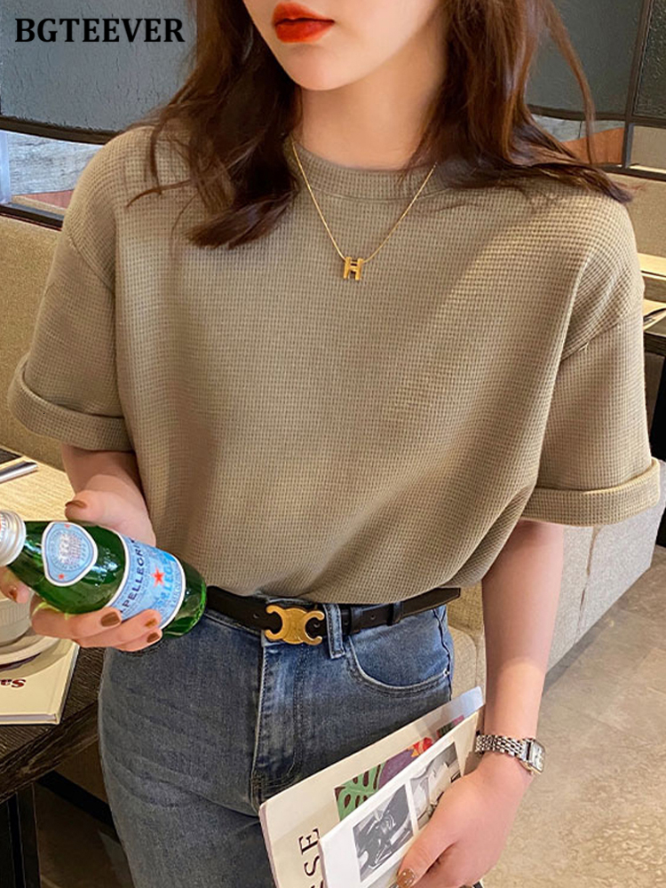 Women's T-Shirt BGTEEVER Casual O-neck Waffle Plaid Women Cotton T-Shirts Short Sleeve Loose Female Pullovers Tops Spring Summer Women Tees 23032
