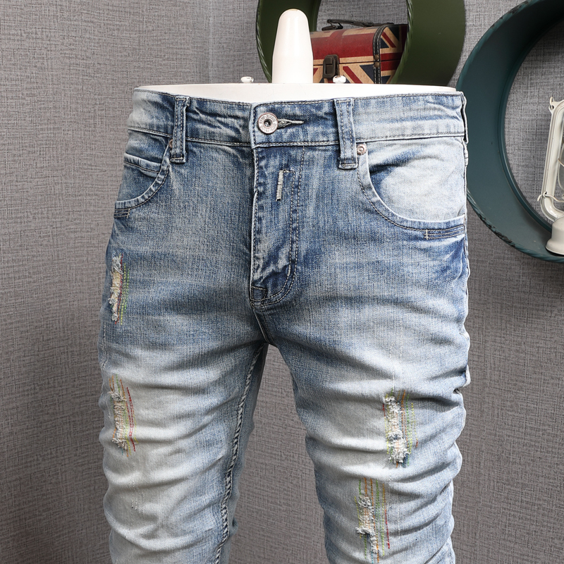 Men's Jeans Mens Classic Vintage Light Blue Ripped Men Fashion Korean Style Embroidery Straight Slim Fit Denim Pants 230320