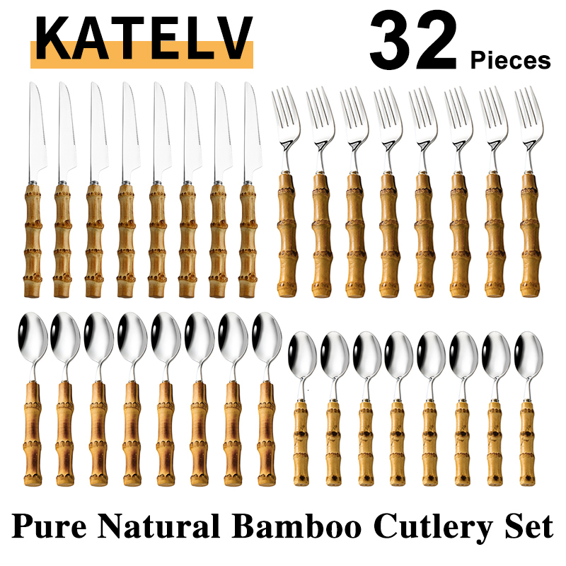 Dinnerware Sets 32Pcs Tableware Stainless Steel Purely Natural Bamboo Handle Flatware Steak Knife Cutlery 230320, 32pcs silver set
Dinnerware Sets 32Pcs Tableware Stainless Steel Purely Natural Bamboo Handle Flatware Steak Knife Cutlery 230320, 32pcs silver set