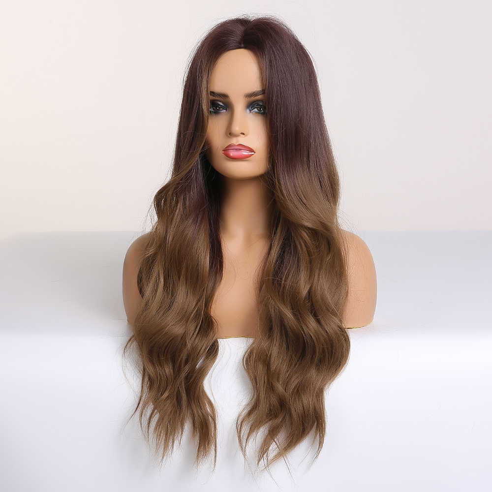 Synthetic Wigs Easihair Long Wavy Brown Ombre Synthetic Wigs for Women Middle Part Wave Natural Hair Heat Resistant Daily Wig 230227