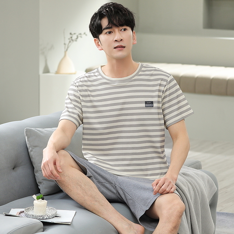 Men's Sleepwear est Summer Knited Cotton Pajamas Set Loose L-5XL Men Pyjamas Short Sleeve Stried Sleepwear Male Leisure Home Clothing 230320