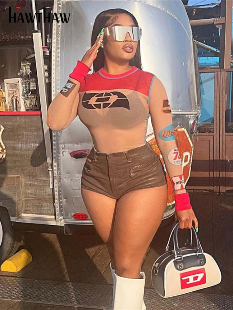 Women's TShirt Hawthaw Women Fashion Long Sleeve Mesh Printed Graphic T Shirt Tops Tees Summer Clothes Wholesale Items For Business 230317