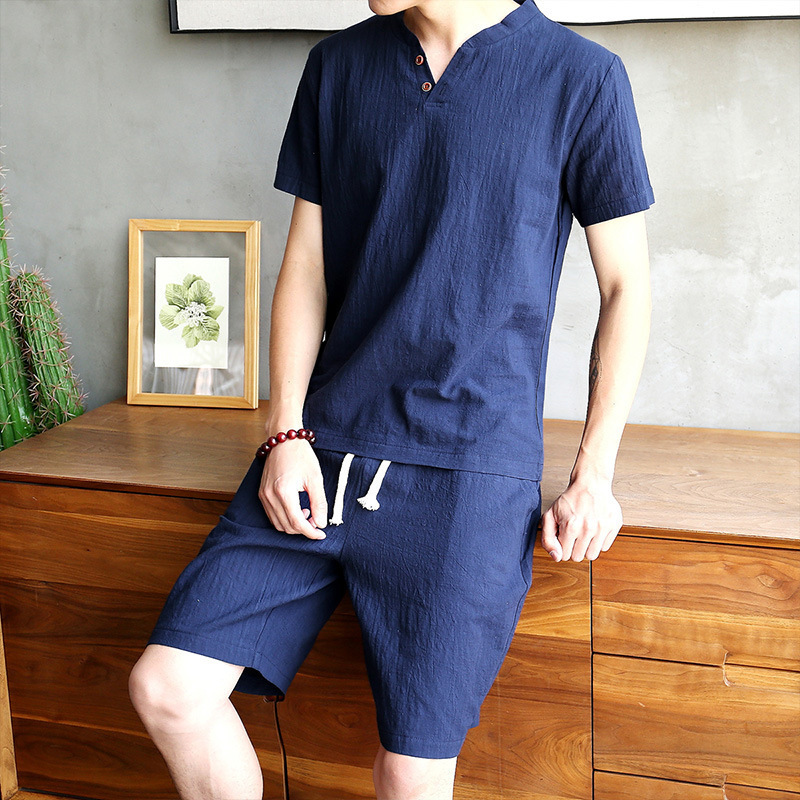 Men's Sleepwear Summer Men's T-Shirt Two-Piece Cotton and Linen Solid Color V-Neck Thin Short-Sleeved Shorts Set 230320