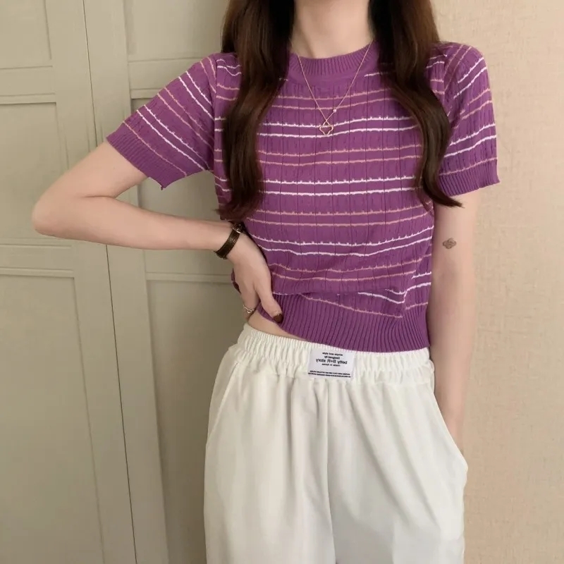 Women's T-Shirt Crop Top Striped Short Sleeve T-Shirt Knitting Camisol Black Beautiful Woman Blouse Casual Languid Summer Thin Women's Cloth