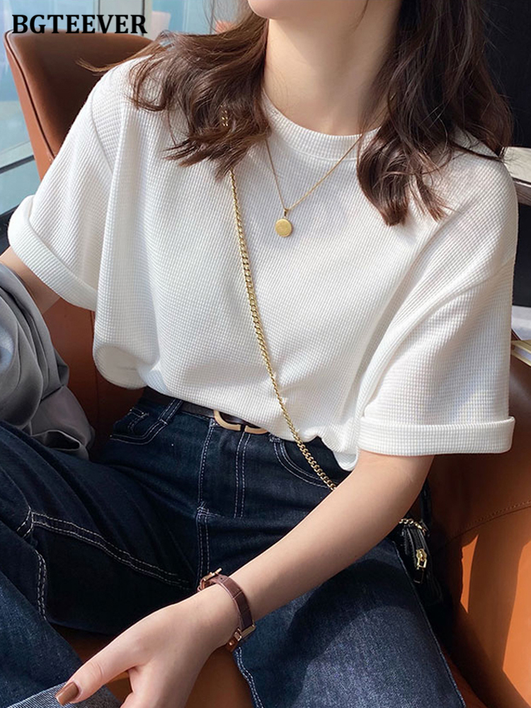 Women's T-Shirt BGTEEVER Casual O-neck Waffle Plaid Women Cotton T-Shirts Short Sleeve Loose Female Pullovers Tops Spring Summer Women Tees 23032