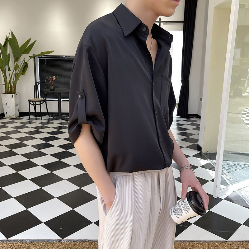Men's Casual Shirts Short sleeved men's Korean fashion half sleeved shirt Handsome summer lapel Solid casual ice silk high-quality top 23041