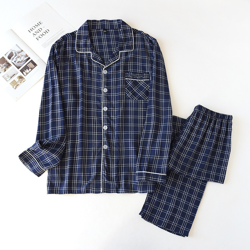 Men's Sleepwear spring and autumn men's 100% viscose pajamas long-sleeved trousers summer thin cotton plaid home service two-piece suit men 