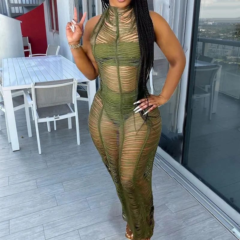 Casual Dresses Sexy Crochet Knitted See Through Long Maxi Beach Dress Summer Sleeveless Halter Backless Cover Up Holiday Vestido