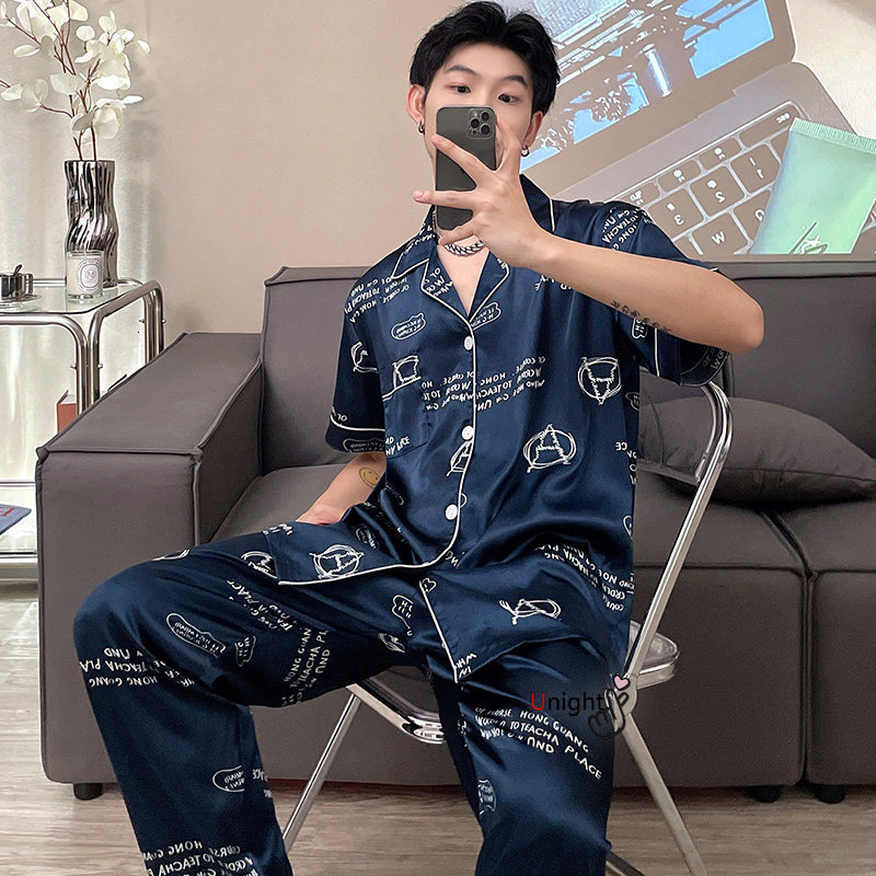 Men's Sleepwear Silk Men Large Size Pyjamas Short Sleeve Men Sleepwear Home Clothes Satin Trousers Stripe Daddy Pajama Set Big Size 4XL 7XL 23032