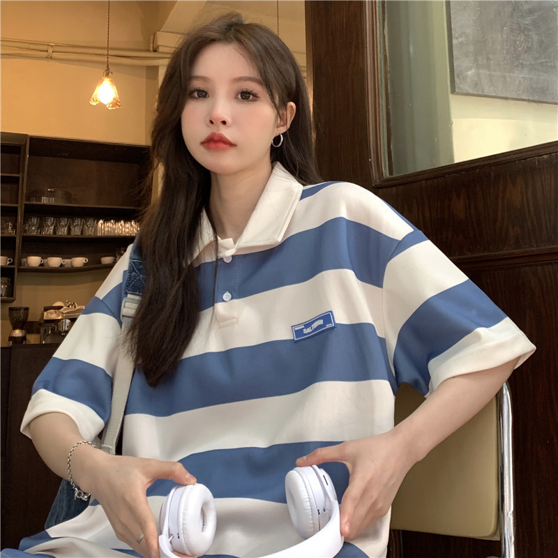 Women's T-Shirt Striped Polo Shirt Blue Short-Sleeved t-Shirt Women Summer Vintage Top Harajuku Aesthetic Student Clothes Oversized Striped Topo 