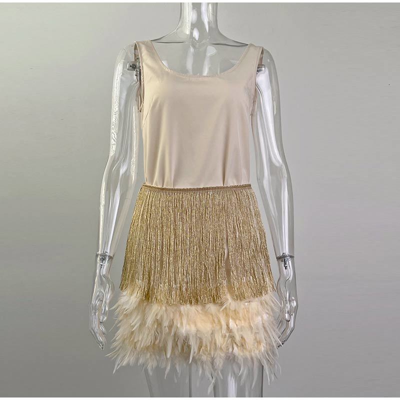 Two Piece Dress Y2k Sequins Feather Skirts Sets Outfit Women Sexy Sleeveless Tops Mini Skirt Two Piece Set Womens Summer Elegant Lady Suit 230320