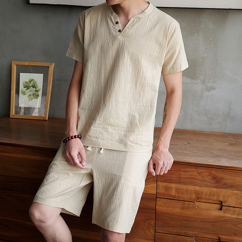Men's Sleepwear Summer Men's T-Shirt Two-Piece Cotton and Linen Solid Color V-Neck Thin Short-Sleeved Shorts Set 230320