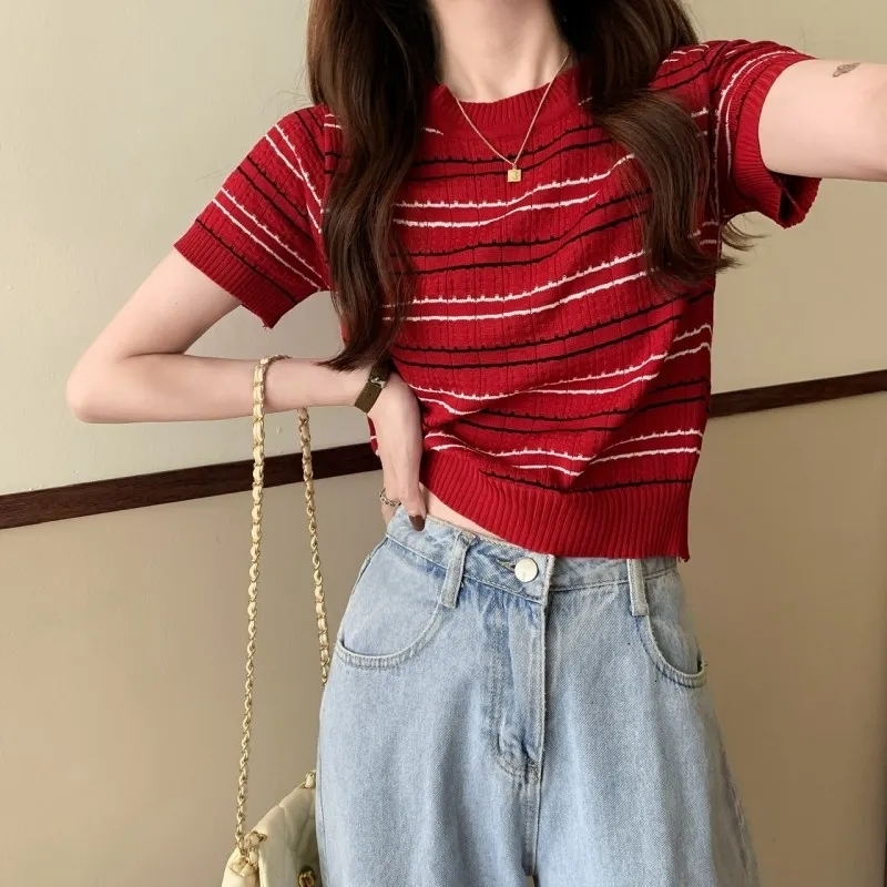 Women's T-Shirt Crop Top Striped Short Sleeve T-Shirt Knitting Camisol Black Beautiful Woman Blouse Casual Languid Summer Thin Women's Cloth