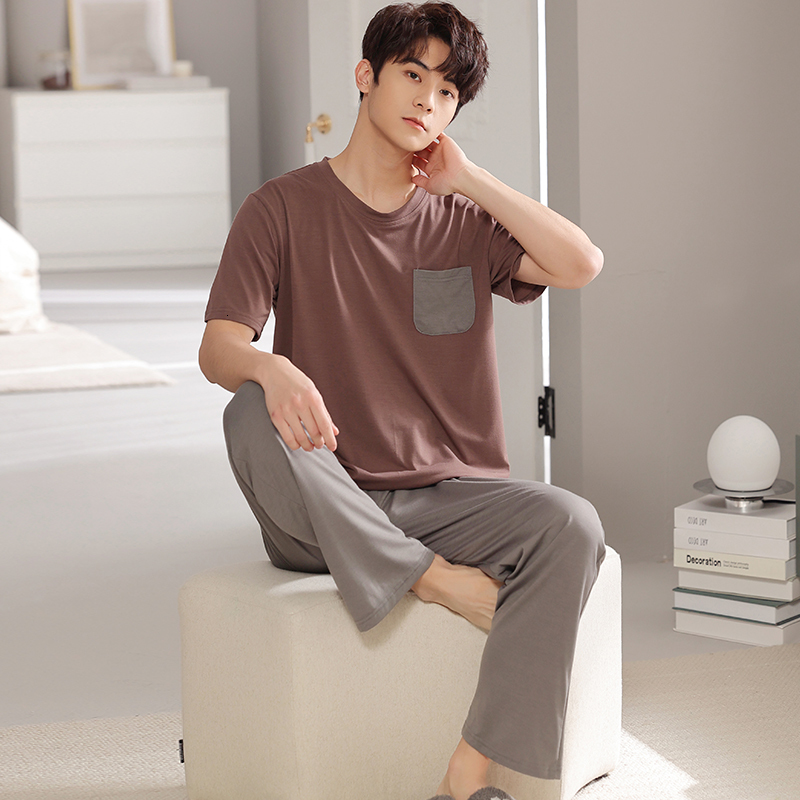 Men's Sleepwear Summer Men's Soft Modal Pajamas Set Simple Short-Sleeve Tops Long Pants Nightwear Home Wear Suits Fashion Sleepwear for Men 