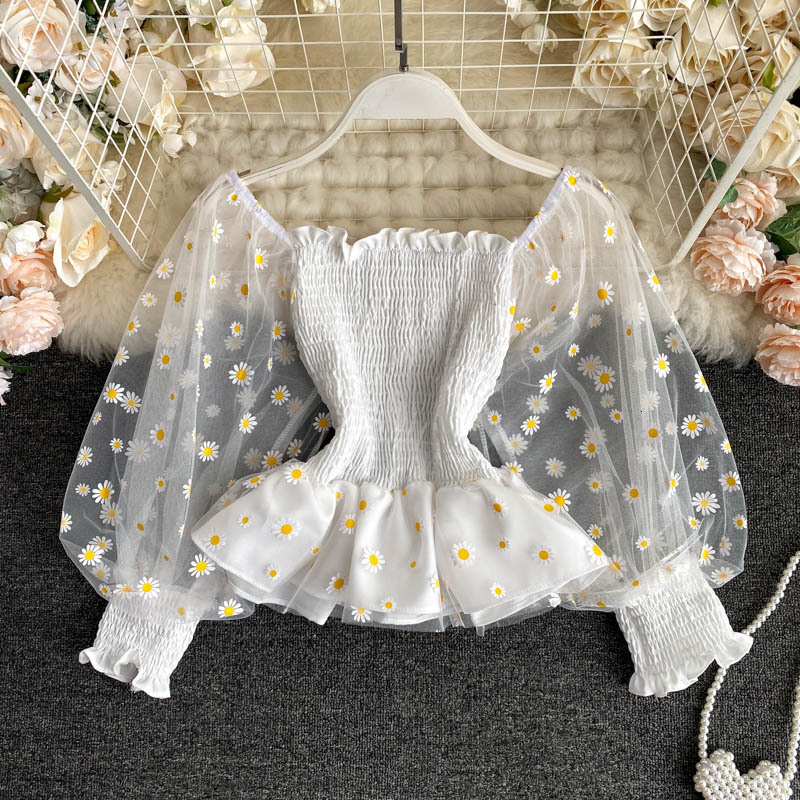 Women's Polos Laces female trumpet sleeve tull fashionable and western style with a mesh top very fairy transparent 230317