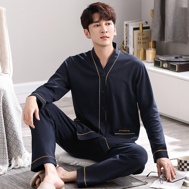 Men's Sleepwear Men's 100% Cotton Pajamas Set Trendy Casual Nightwear Long Sleeve V-neck Nightie Spring Autumn Loose Sleepwear Plus Size 230
