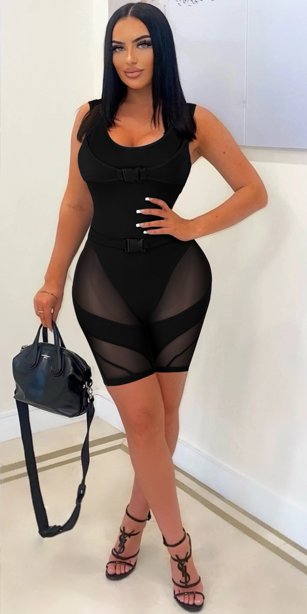 2023 Designer Summer Mesh Patchwork Rompers Women Sleeveless Jumpsuits Sexy See Through Bodycon Playsuits Casual One Piece Overalls Wholesale Clothes 
