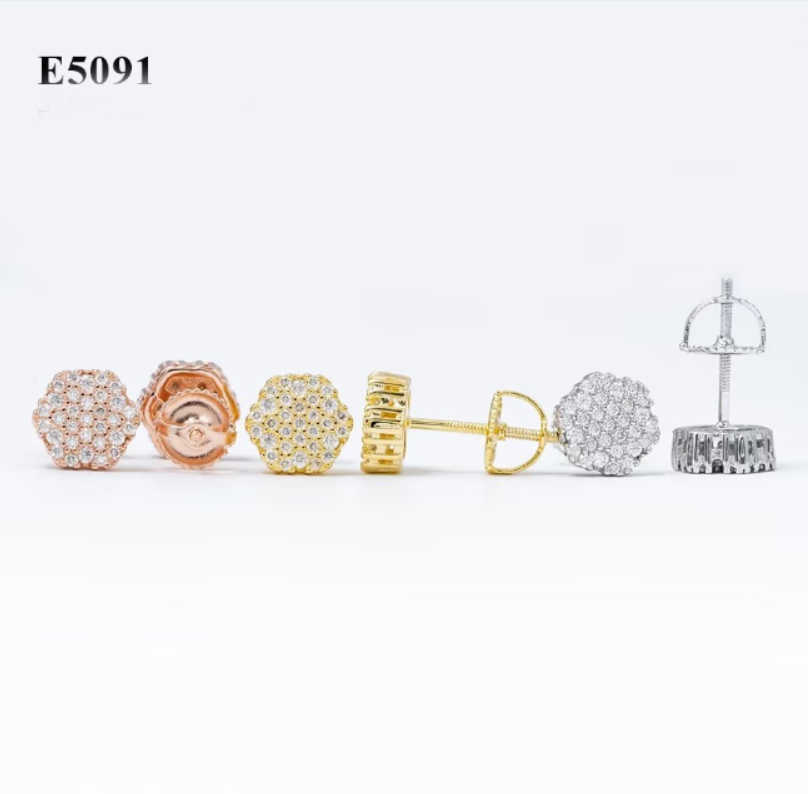 Zuanfa Vvs Diamond Moissanite Jewelry Gold Plated Screw Back Earrings Hip Hop Stud Earrings