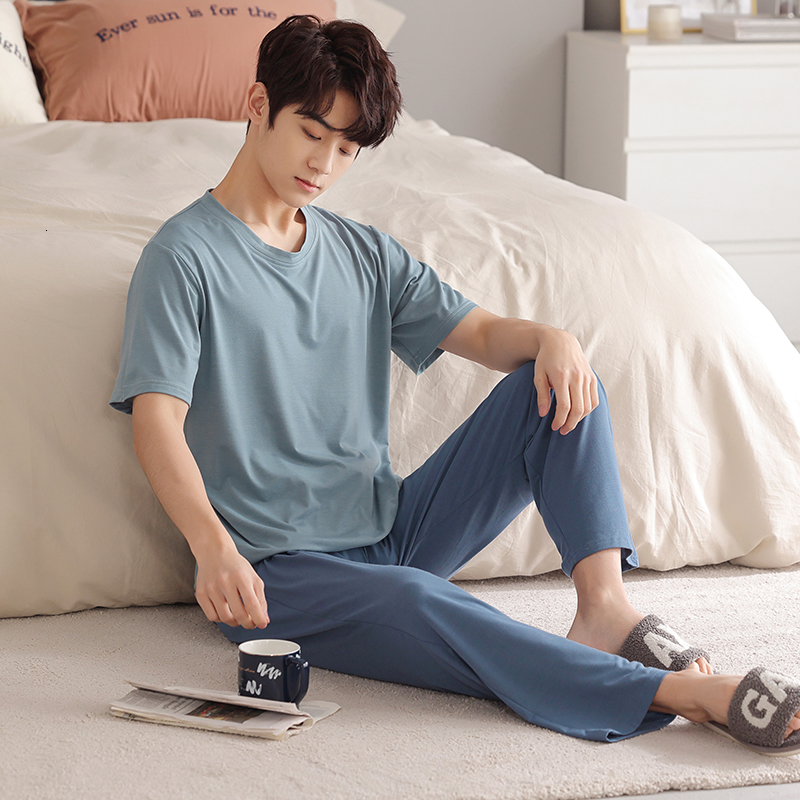 Men's Sleepwear Summer Men's Soft Modal Pajamas Set Simple Short-Sleeve Tops Long Pants Nightwear Home Wear Suits Fashion Sleepwear for Men 