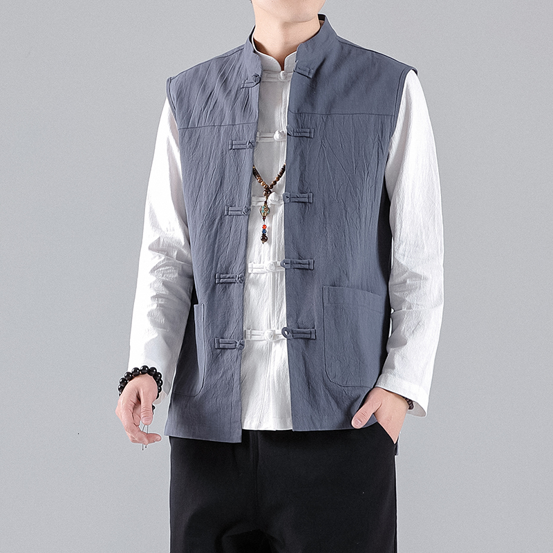 Men's Vests Spring Summer Men Chinese Style Vintage Linen Mens Sleeveless Hanfu Cardigan Male Harajuku Open Stitch Jacket M5XL 230320