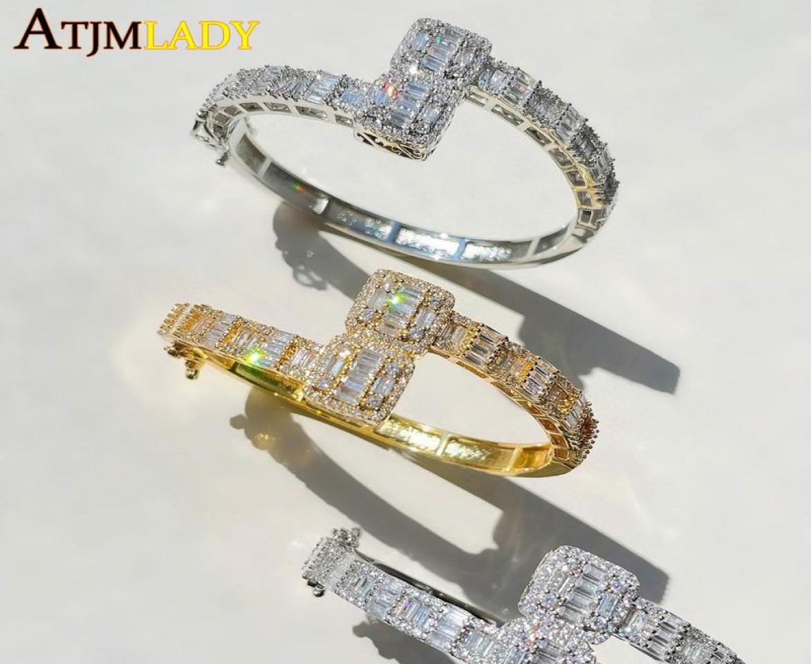 Link Chain Gold Silver Color Opened Square Zircon Charm Bracelet Iced Out Bling Baguette CZ Bangle For Men Women Luxury Jewelry