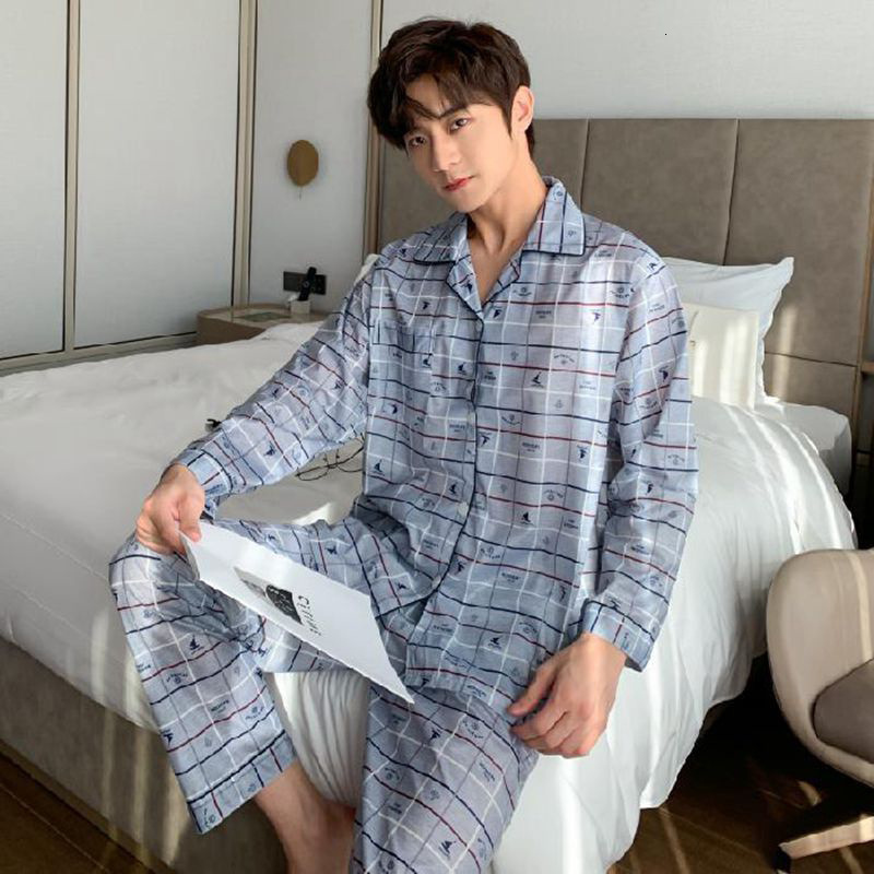 Men's Sleepwear 100% Cotton Pijama for Men Two-Pieces Lounge Sleepwear Pyjamas Plaid Spring Bedgown Home Clothes Man Casual Homewear Pajamas Set 