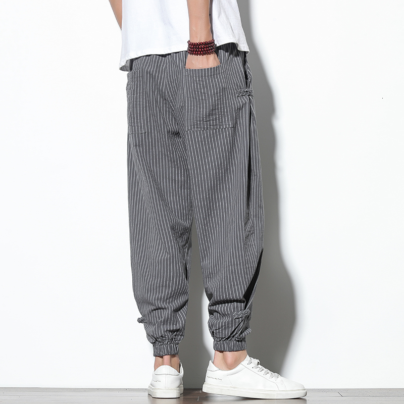 Men's Pants Spring Summer Disc Buckle Striped Harem Pants Mens Breathable Cotton Linen Pencil Pants Buckle Casual Bloomers Fashion Trousers 23032