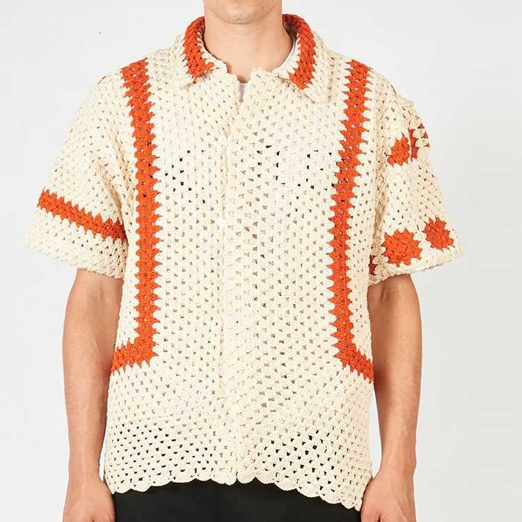 Custom High Quality 100% Cotton Wholesale OEM Factory Short Sleeve Button Up Knitted Crochet Shirts For Men
