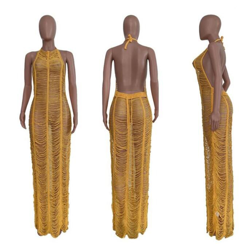 Casual Dresses Sexy Crochet Knitted See Through Long Maxi Beach Dress Summer Sleeveless Halter Backless Cover Up Holiday Vestido