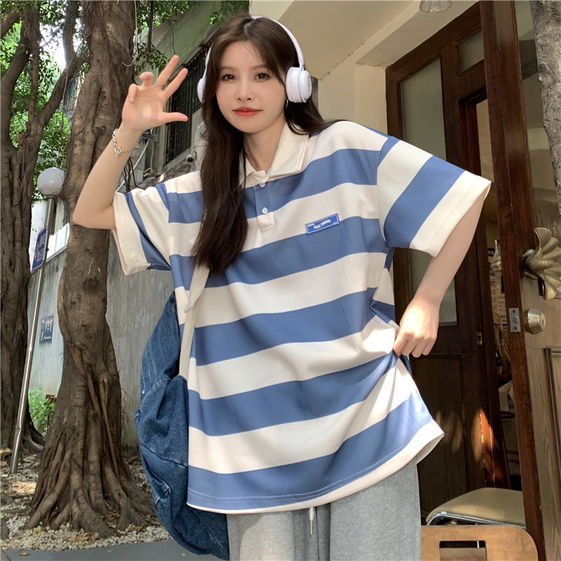 Women's T-Shirt Striped Polo Shirt Blue Short-Sleeved t-Shirt Women Summer Vintage Top Harajuku Aesthetic Student Clothes Oversized Striped Topo 
