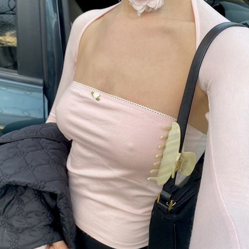 Women's TShirt Chic Strapless Tube Tops Y2K Long Sleeve Shrug T Shirt 2000s Retro Fairy Grunge Backless Camis Crop Cute 2 Piece Set 230317