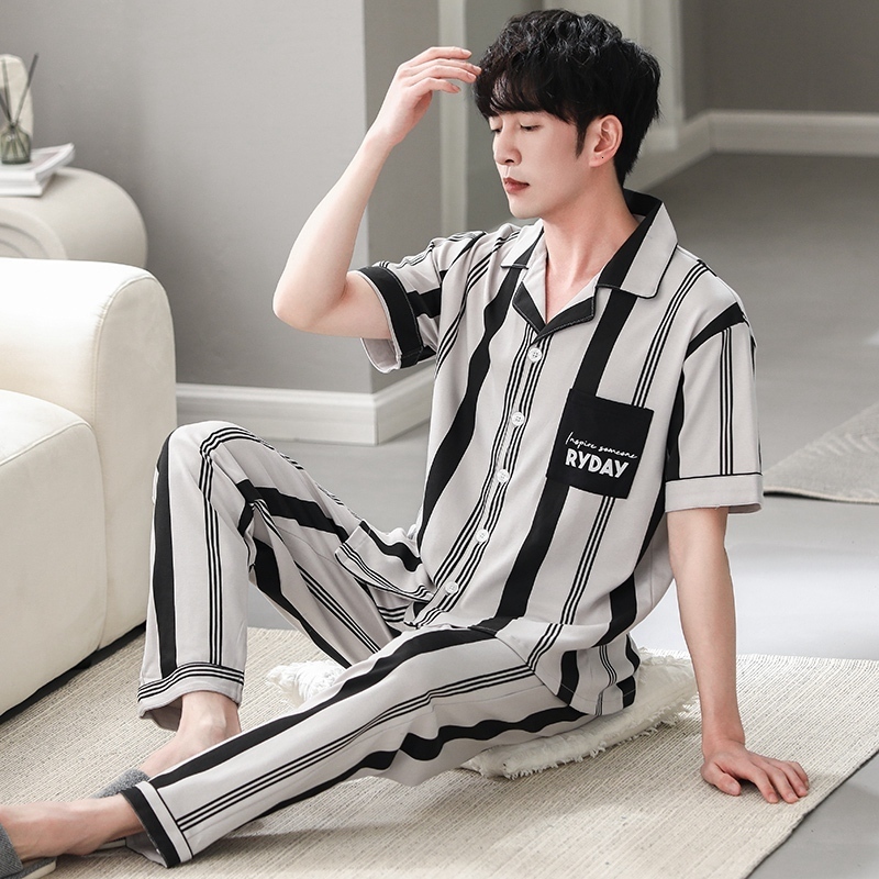 Men's Sleepwear Summer Plus Size Cotton Short Sleeve Long Pants Pajama Sets For Men Casual Striped Sleepwear Suit Homewear Home Clothes 230320