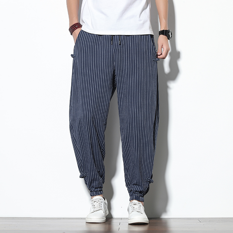 Men's Pants Spring Summer Disc Buckle Striped Harem Pants Mens Breathable Cotton Linen Pencil Pants Buckle Casual Bloomers Fashion Trousers 23032