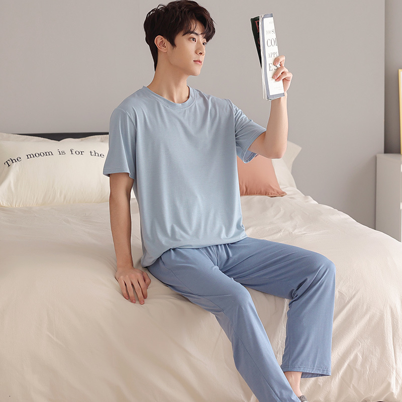 Men's Sleepwear Summer Men's Soft Modal Pajamas Set Simple Short-Sleeve Tops Long Pants Nightwear Home Wear Suits Fashion Sleepwear for Men 