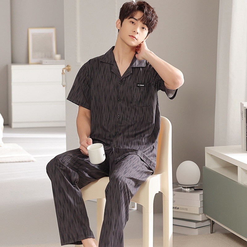 Men's Sleepwear Summer Plus Size Short Sleeve Long Pants Cotton Pajama Sets for Men Korean Sleepwear Suit Pyjama Male Homewear Home Clothes 23032
