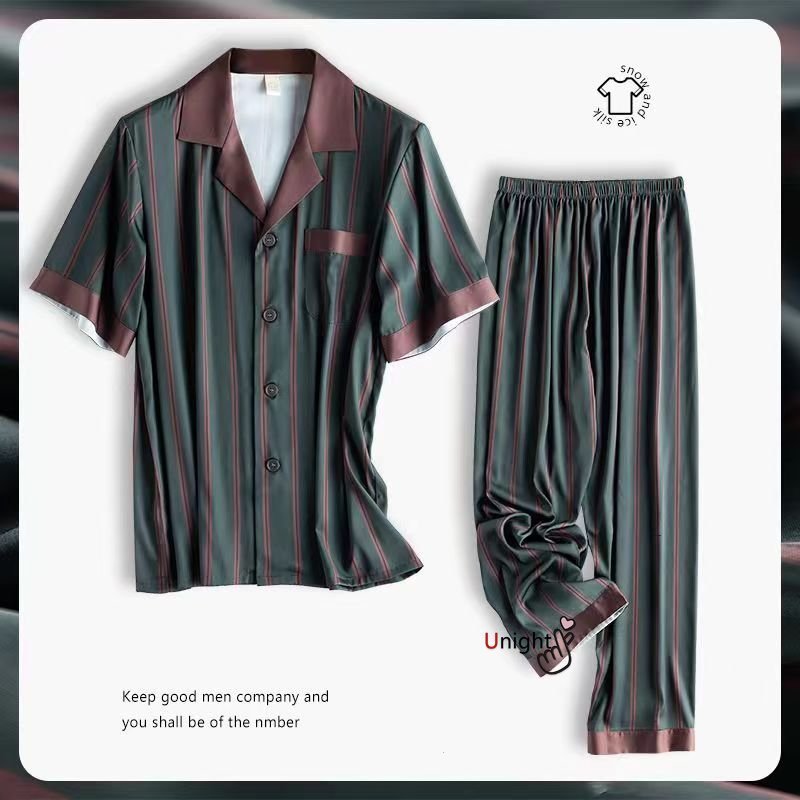 Men's Sleepwear Silk Men Large Size Pyjamas Short Sleeve Men Sleepwear Home Clothes Satin Trousers Stripe Daddy Pajama Set Big Size 4XL 7XL 23032