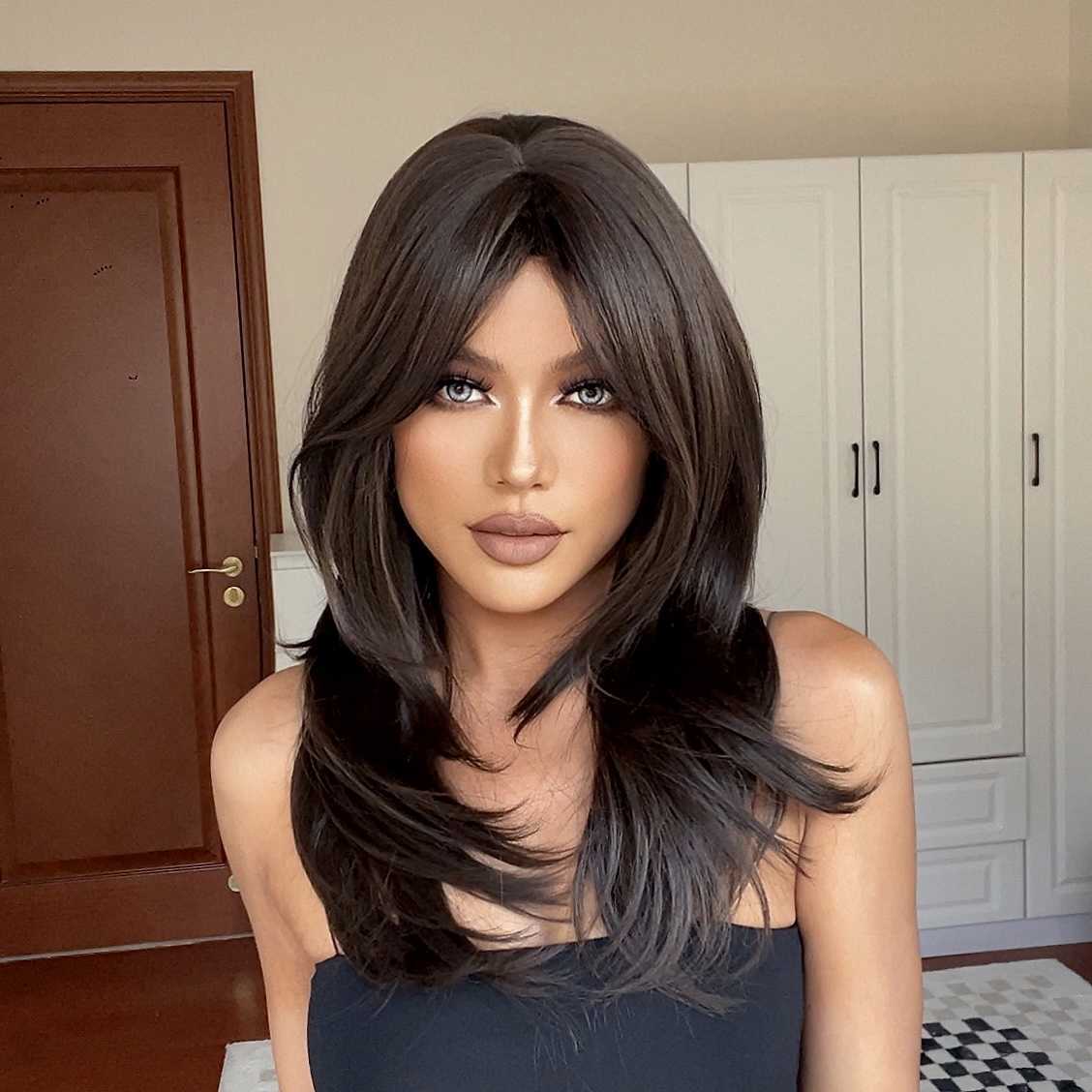 Synthetic Wigs Easihair Medium Length Layered Natural Hair Wig Dark Brown Wavy Synthetic Wigs for Women with Bangs Daily Heat Resistant 230227