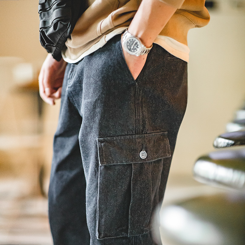Men's Jeans Maden Retro Baggy Big Pocket Twill Denim Washed Straight Loose Cargo Pants Hip Hop Streetwear Men Casual Trousers 230320