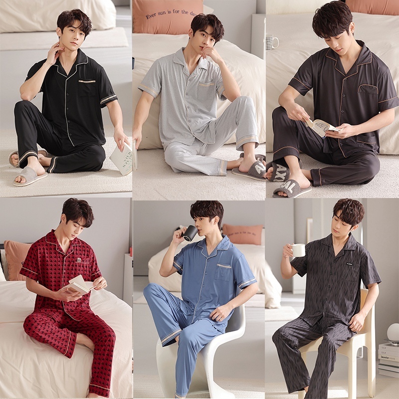 Men's Sleepwear Summer Plus Size Short Sleeve Long Pants Cotton Pajama Sets for Men Korean Sleepwear Suit Pyjama Male Homewear Home Clothes 23032