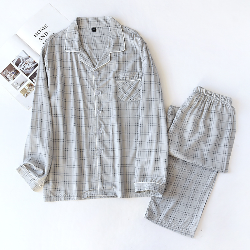 Men's Sleepwear spring and autumn men's 100% viscose pajamas long-sleeved trousers summer thin cotton plaid home service two-piece suit men 