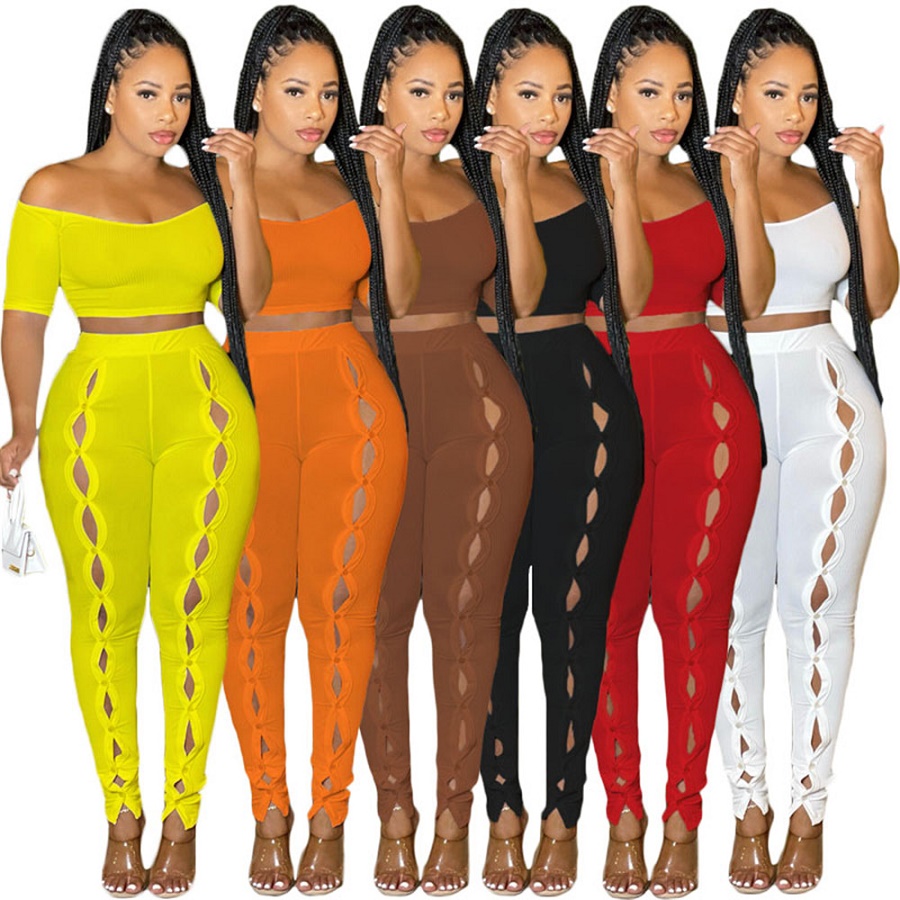 Bluk Wholesale Women's Two Piece Pants Off Shoulder Crop Tanks Tops Hollow Out Pants Women Summer Solid Outfits Casual Legging Trouser Suit designer 9505