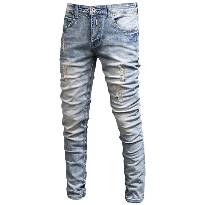 Men's Jeans Mens Classic Vintage Light Blue Ripped Men Fashion Korean Style Embroidery Straight Slim Fit Denim Pants 230320