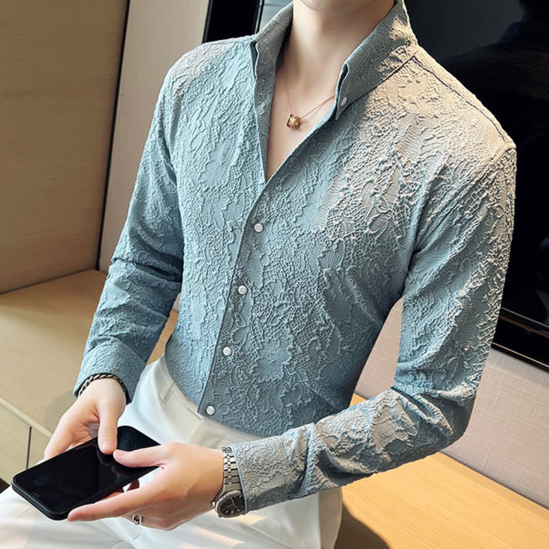 Men's Casual Shirts Fall Premium Jacquard Shirts Men Long Sleeve Casual Shirt Sexy Chemise Homme Social Party Tuxedo Nightclub Jacquard Shirt Men