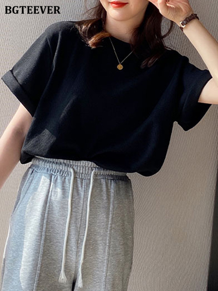 Women's T-Shirt BGTEEVER Casual O-neck Waffle Plaid Women Cotton T-Shirts Short Sleeve Loose Female Pullovers Tops Spring Summer Women Tees 23032