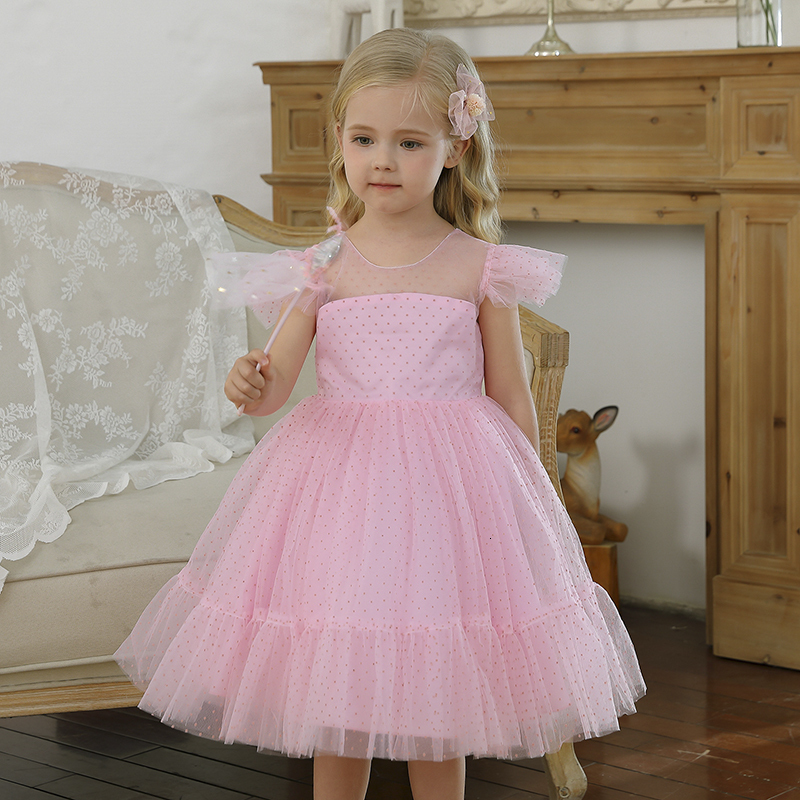 Girl's Dresses 4-10T Kids Girls Elegant Dress for Evening Party Little Girl Dots Tulle Princess Gown Children Clothing Blue Wedding Vestidos 2303
