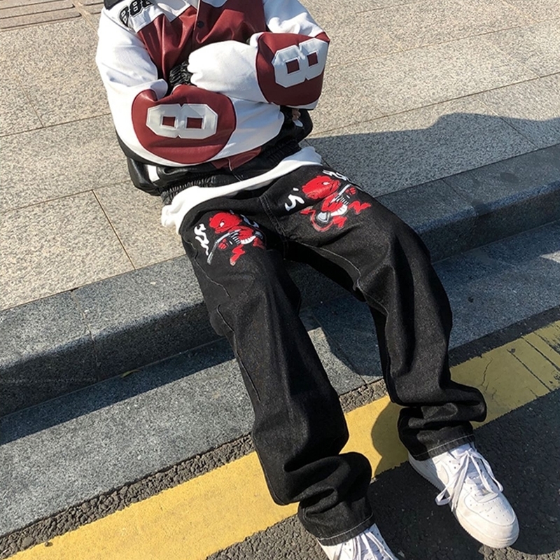 Mens Jeans Devil Printed High Street Vintage Y2K Clothes Black Baggy Straight Trousers Streetwear Wide Leg Pants Men 230317